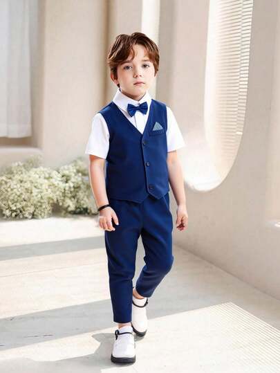 2 piezas Conjunto formal para niños pequeños: Chaleco y pantalones - Chaleco de estilo elegante con bolsillo con pañuelo triangular, conjunto de traje informal para fiesta de cumpleaños, boda, bautizo, aniversario