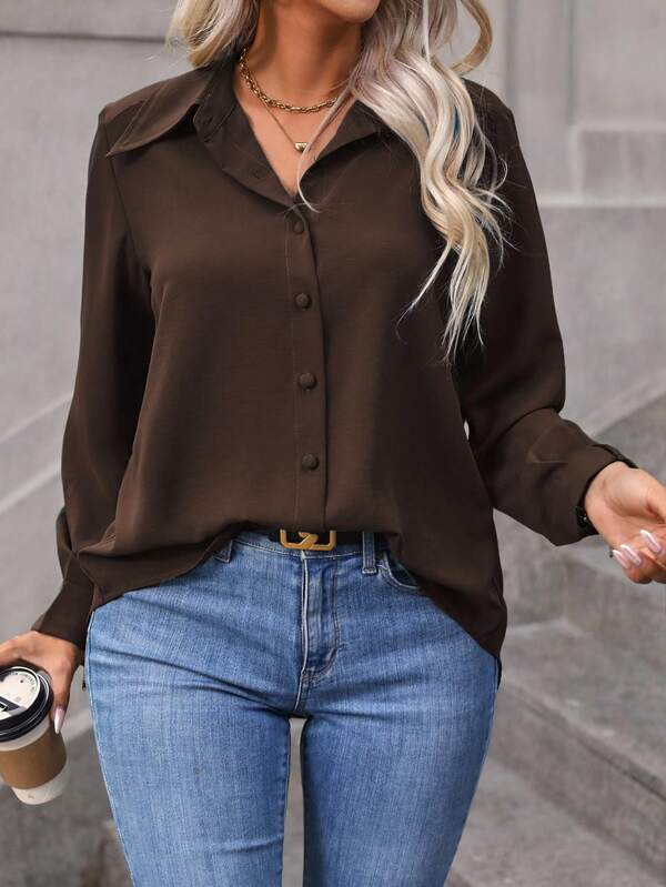 Vionelle Camisa feminina plus size, cor sólida, manga comprida, abotoamento simples, casual/de trabalho