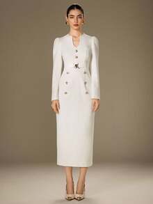 Modelyn Đầm dài đính nút trang trí màu trơn thanh lịch dành cho nữ - trắng - Xem 5