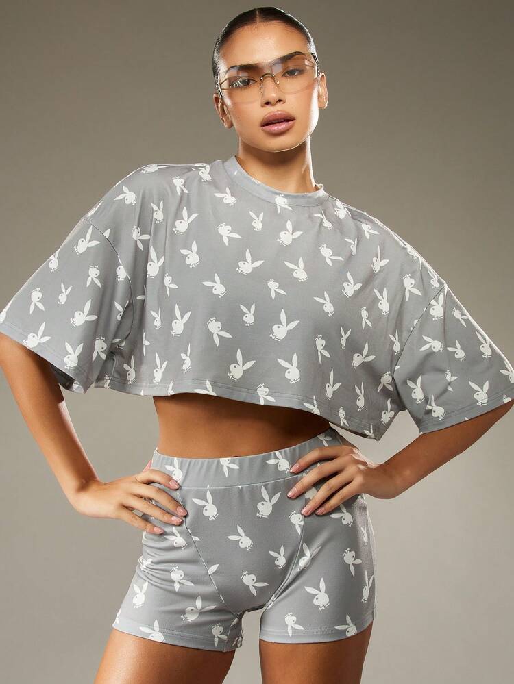 Missguided x Playboy Bunny Print Cropped Top And High Waist Shorts Set Loungewear Festival Summer Casual Streetwear Matching Set Lounge Coordinates