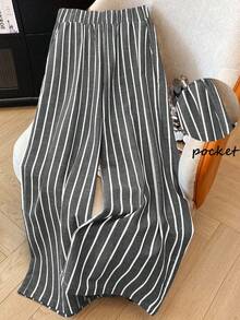 SHEIN PETITE CURVE Plus Size Casual Commuter Striped Wide Leg Linen Cotton Pants - Black - View 3
