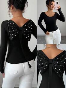 Elenzga Áo thun đen cổ tròn trễ vai tay dài đính nơ đính ngọc trai thiết kế cổ sau thanh lịch phong cách Pháp đa năng cho người đi làm - màu đen - Xem 4