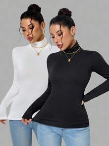 INAWLY 2pcs Solid High Neck Tee Fall Cloth For Women - Black and White - View 6