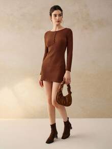 Cévolie Women's Solid Color Round Neck Long Sleeve Ribbed Button Design Casual Knitted Dress, Autumn