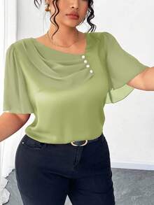 Elenzga Plus Size Asymmetrical Ruffle Collar Button Decor Short Sleeve Elegant Blouse - Green - View 5