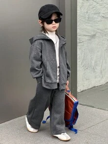 DAZY 秋季男童纯色长袖拉链连帽衫和裤子休闲套装 - 灰色 - 查看 5