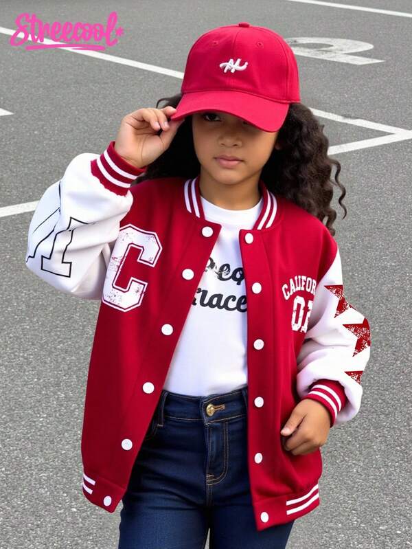 SHEIN Streecool Kids Streecool Tween Girl Girls Casual Comfortable Fashionable Design Daily Versatile Graphic Letter & Number Bomber Jacket, Autumn/Winter Fall