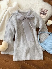Comfortcana 女士长袖插肩袖夸张蝴蝶结装饰时尚毛衣裙优雅连衣裙女装亮片连衣裙秋冬 - 灰色 - 查看 5