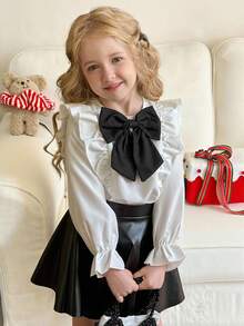 LMoss Kids 2件套少女梭织荷叶边休闲衬衫和裙子套装 - 黑與白 - 查看 6