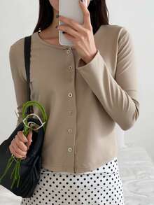 DAZY 女式休闲日常纯色宽松开襟长袖T恤秋季上衣 - 卡其色 - 查看 2