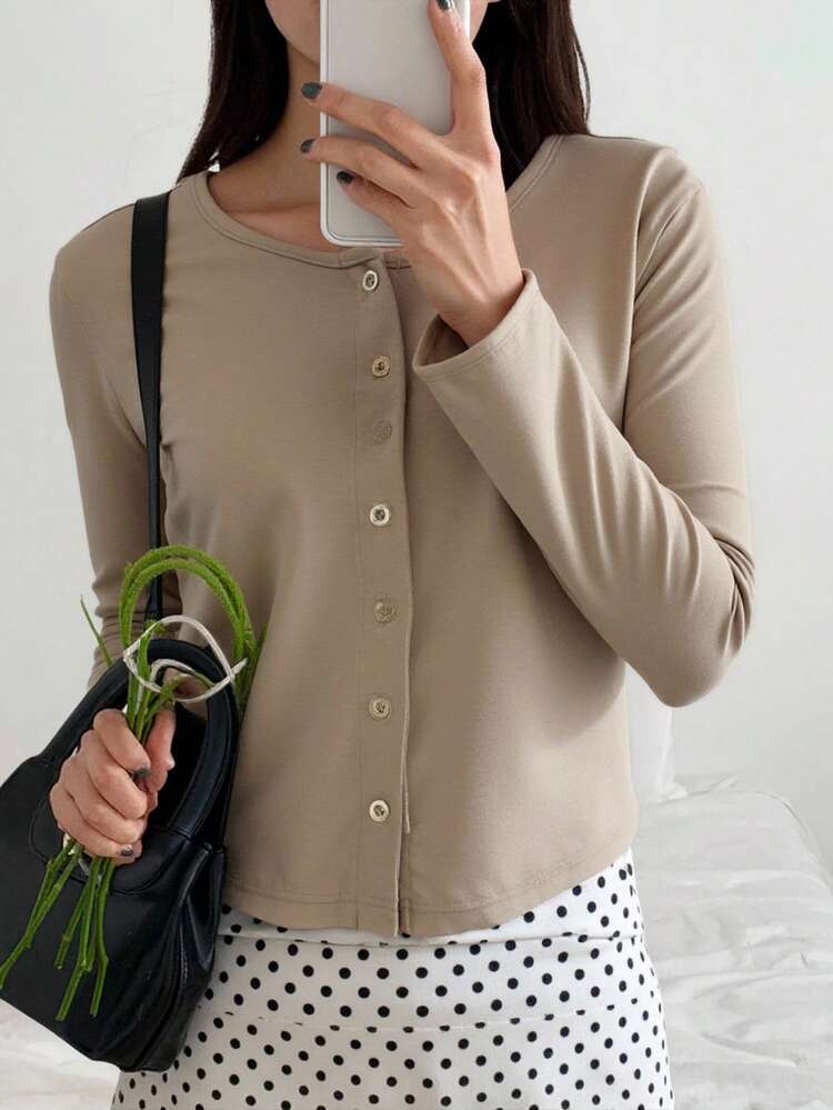 Women's Casual Everyday Solid Color Loose Open-Front Long Sleeve T-Shirt Fall Tops