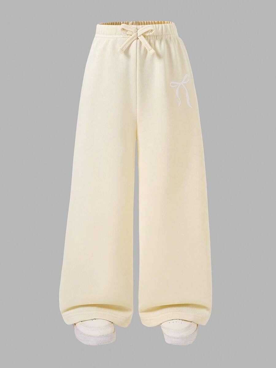 SHEIN Explorewe 女童阔腿裤，蝴蝶结腰带，蝴蝶印花，休闲校园风，秋冬返校季必备 - 米色 - 查看 1