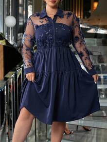 Ellevyn Rochie elegantă cu volane și broderie florală din plasă, model patchwork, cu nasturi și jumătate de pat, mărime plus - Albastru marin - Vizualizare 12