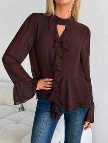 MainGRL Women's Brown Ruffle Trim Long Sleeve Blouse, Autumn