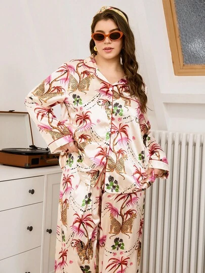  Chillnights Leopard Print Contrast Color Satin Pajama Set, Plus Size Silk Pj Sets For Women Women Pajama Set Home Wear Women Floral Pj Set Lounge Wear Women, Fall Clothes, Cozy Outfit