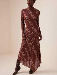 Vesra Vestido asimétrico de manga larga con cuello alto y estampado ajustado para mujer