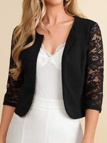 Amorya Women's Sleeve Lace Patchwork Open Front Blazer Jacket In Fall/Winter Spring Casual Wearable Blouse Short Sleeve Shirt Summer Outfits For Women Teacher Outfits For Women White Shirts Country Outfits Women Summer Clothes Women Work Outfits For Women Classy Top Business Casual Tops Woman Office Tops Women Chic Top Summer Work Top Sleeveless Top Women Office Tops Structured Top - Black - View 4