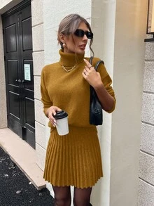 Lyxana Women's Solid Color Minimalist Turtleneck Long Sleeve Top And Mini Skirt 2-Piece Set - Yellow - View 5