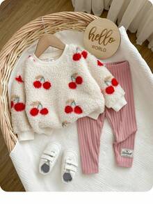 Babygirl 可爱毛绒樱桃印花长袖卫衣套装，秋冬
