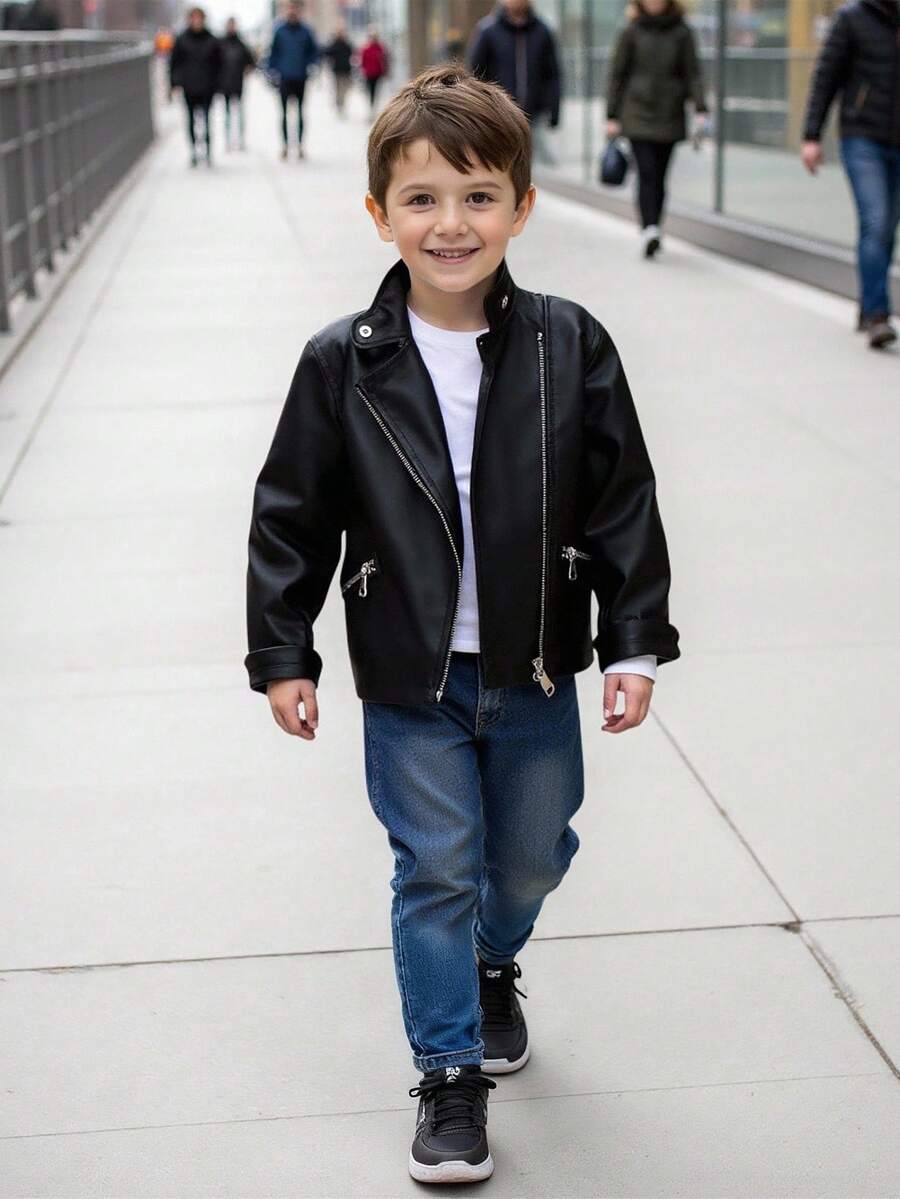 SHEIN 4-7 Years Old Young Boy Fashion Casual Minimalist Stand Collar Oblique Zipper Soft Hunting Jacket, Suitable For Camping, Retro Theme Parties, Outdoor Gatherings In Spring And Autumn Fall Winter