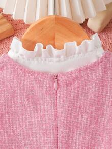 Baby Girl Frill Mock Neck Puff Sleeve White Shirt And Sleeveless Dress With Oversized Bow Decor Set, Elegant Casual Fashion Outfit Fall Winter - Multicolor - View 8