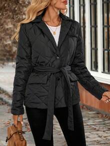 EMERY ROSE 女士时尚百搭纯色夹克，冬季 - 黑色 - 查看 3