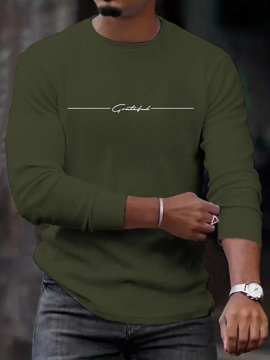 Manfinity Homme Modern Casual Men Dark Green Long Sleeve Tee With Letter Graphic, Round Neck Regular Length High-Low Design Casual Tee For Men, Olive Long Sleeve T-Shirt , Fall - Dark Green - View 1