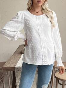 SHEIN Áo bà bầu tay dài viền ren tối giản màu trơn - trắng - Xem 5