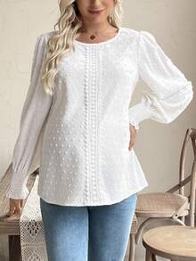 SHEIN Áo bà bầu tay dài viền ren tối giản màu trơn - trắng - Xem 8