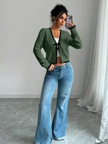 Selianne Cardigan Pullover Lengan Panjang Bertekstur Berlian Serbaguna Kasual Wanita - Hijau Tentara - View 7
