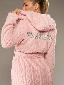 Missguided x Playboy Christmas Plush Hooded Cable Knit Fleece Bathrobe With Bunny Logo - Pink - View 6