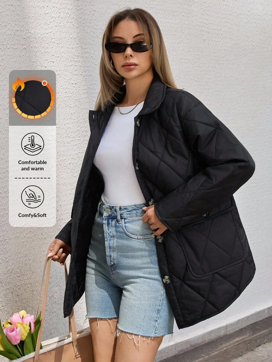 SHEIN Cottnline Quilted Jacket, Button Up Puffer, Lightweight Outerwear, Casual Fall Coat, Casual Street Style - Black - View 1