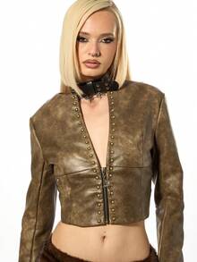 SUMWON WOMEN Women Cropped Studded Distressed Faux Leather Jacket Vintage Western Biker Punk Rock Fashion Streetwear Fall Winter Outerwear Zip Front - Brown - View 5