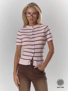 MUSERA Striped Rib Knit Button Through Fitted Short Sleeve Top Fall Autumn Cosy Cute Casual Coffee Club Winter  Elegant Evening Party  Spring Sweater - Pink - View 1
