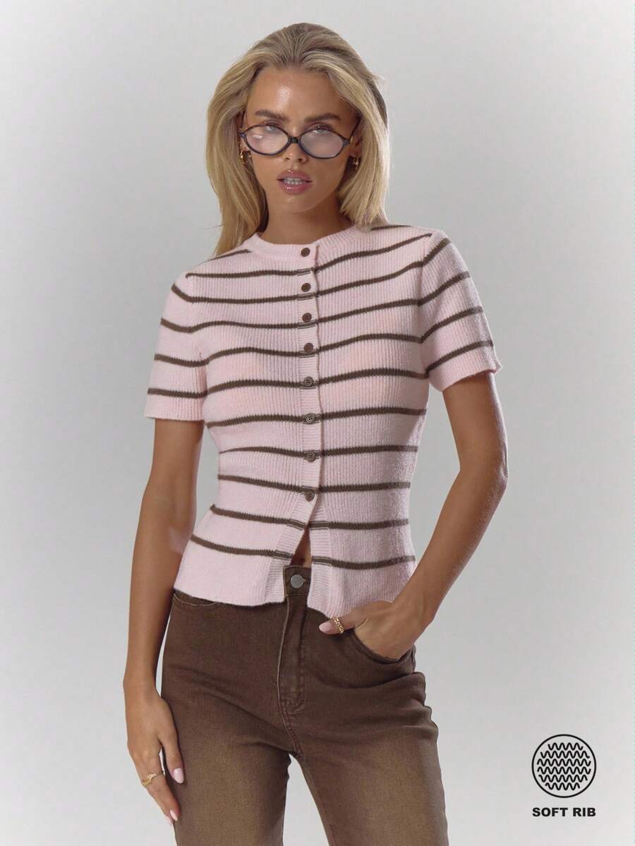 MUSERA Striped Rib Knit Button Through Fitted Short Sleeve Top Fall Autumn Cosy Cute Casual Coffee Club Winter  Elegant Evening Party  Spring Sweater - Pink - View 1