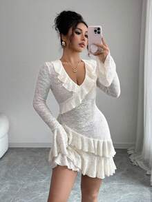 Modelyn Váy ngắn dệt kim jacquard thanh lịch và thời trang với chi tiết xếp nếp dành cho nữ - Màu be - Xem 3