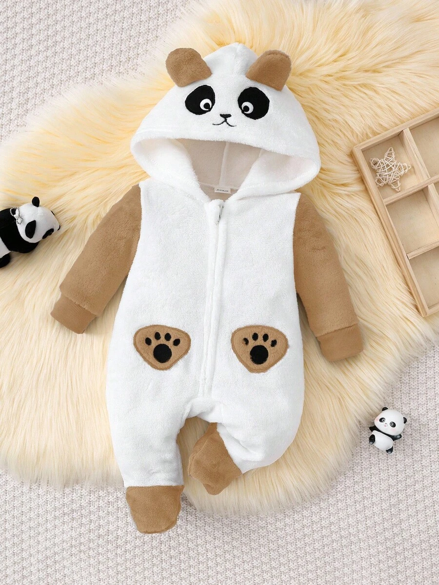 SHEIN 新生儿熊猫耳朵刺绣连体衣，可爱连体睡衣 - 彩色 - 查看 1