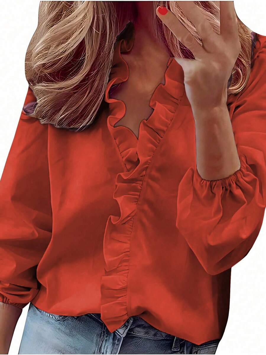 EMERY ROSE Blusa feminina elegante para trabalho, cor sólida, com babados - Laranja - Ver 1
