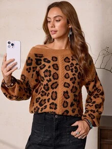 SHEIN LUNE Women's Fashion Casual Leopard Print Asymmetric Neck Western Style Sweater - Brown - View 4