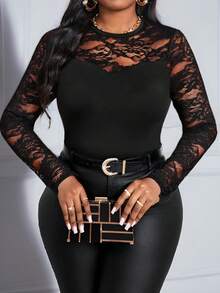 SHEIN Lady Spring, Summer, Autumn And Winter Lace Black Knitted Round Neck Long Sleeve Contrast Color Mesh Plus Size T-Shirt Halloween Plus Size Halloween Clothes Lace Body Suit Black Lace Bodysuit Black Lace Top Lace Long Sleeve Top Bodysuits For Women
