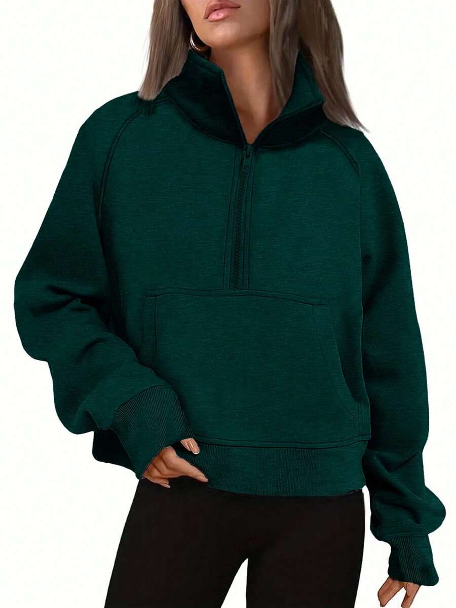 EURMUSE Women's Casual Pocket Zip-Up Stand Collar Sweatshirt, Autumn - Dark Green - View 1