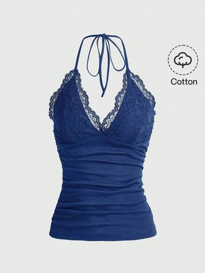 Women's Contrast Lace Ruffle Fitted Halter Neck Camisole