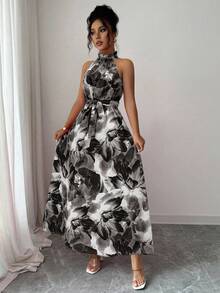 SHEIN Elenzya Elegant Floral Print Dress, Suitable For Commuting And Island Vacation - Black - View 5