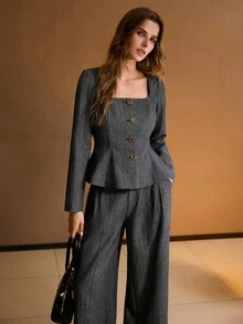 MOTF PREMIUM 人字纹阔腿裤 - 黑色 - 查看 6