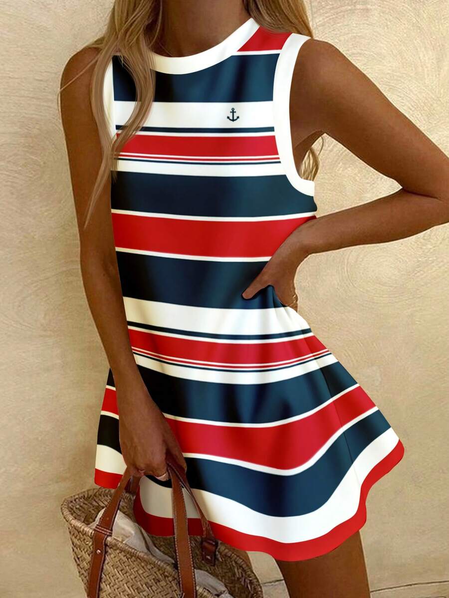 SHEIN EZwear 红、白、蓝条纹，航海海军风格，斯德哥尔摩风格，适合假期、音乐节、乡村、海滨度假、浪漫、度假视频、夏日海滩、返校季