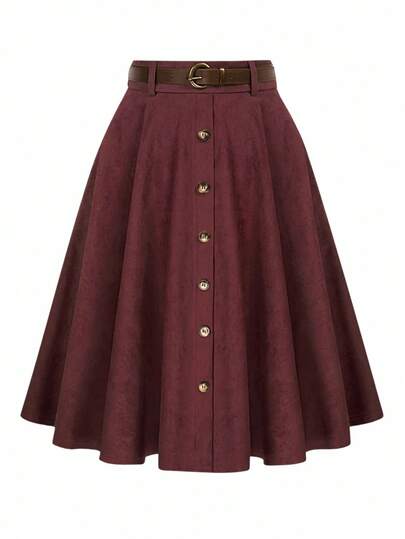 SHEIN LUNE 大码纯色纽扣装饰复古百搭系带 A 字裙