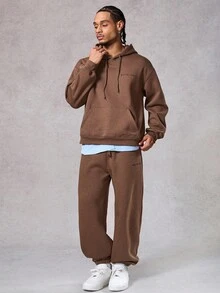 DAZY Conjunto de chándal con cordón en la cintura y forro térmico de color marrón sólido para hombres, otoño/invierno