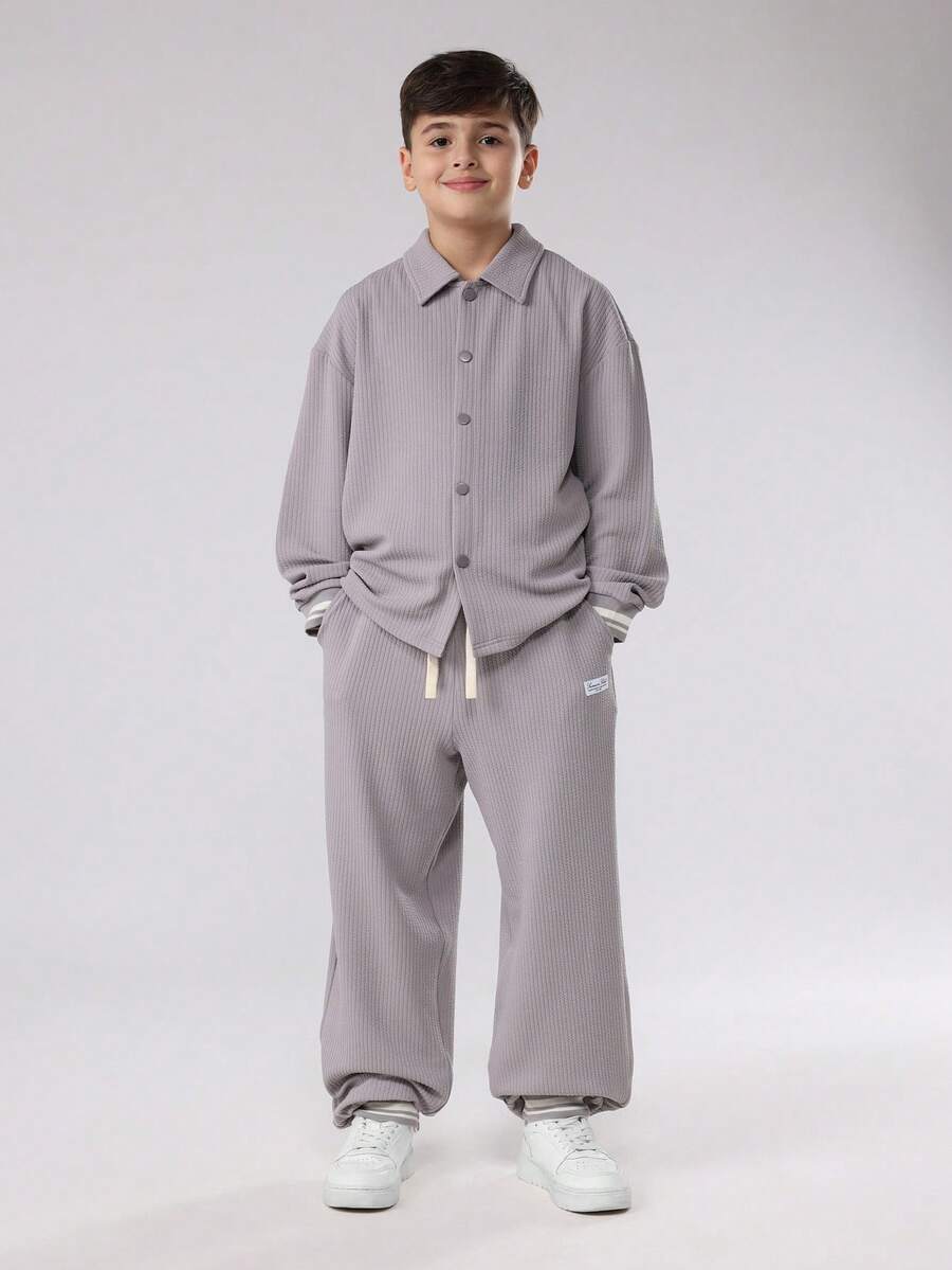 SUMWON Ribbed Texture Button Front Collared Shirt And Wide Leg Pants Set Fall Winter Wear Co-Ord With Elastic Waist Cozy Two Piece Outfit - Apricot - View 1