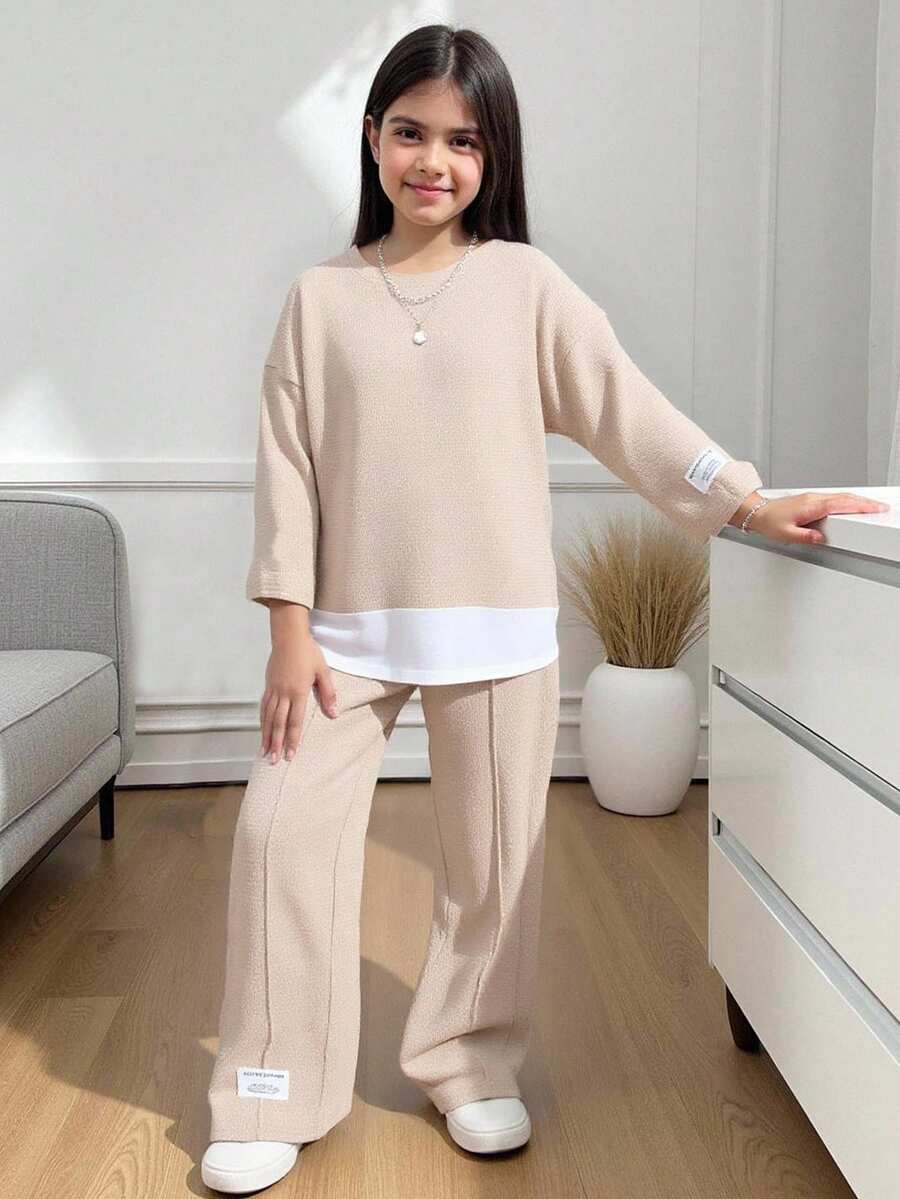 SHEIN 中學生女孩休閒街頭風格拼接針織圓領上衣和長褲套裝 - 卡其色 - 查看 1