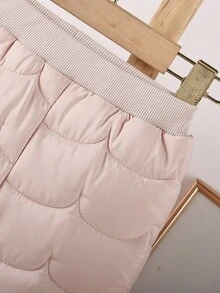 SHEIN 2 件女婴连帽夹克，拉链开合，加厚，毛绒熊耳朵兜帽设计，熊图案，配套裤子，适合 0-3 岁，绗缝，轻盈蓬松，触感柔软，适合户外活动、家庭聚会、秋冬 - 杏色 - 查看 5